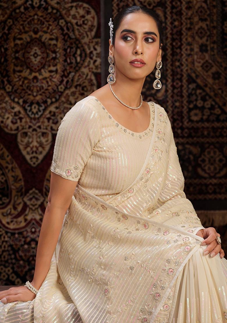 Off White Sequin Embroidered Georgette Sarees