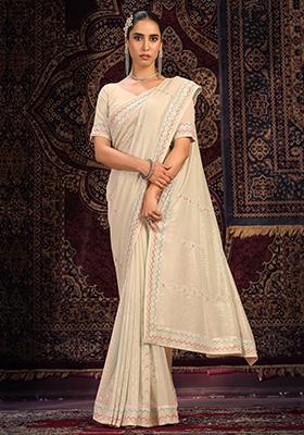 Off White Sequin Embroidered Georgette Sarees