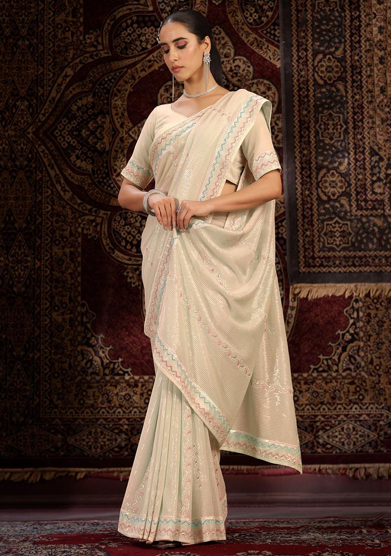Off White Sequin Embroidered Georgette Sarees