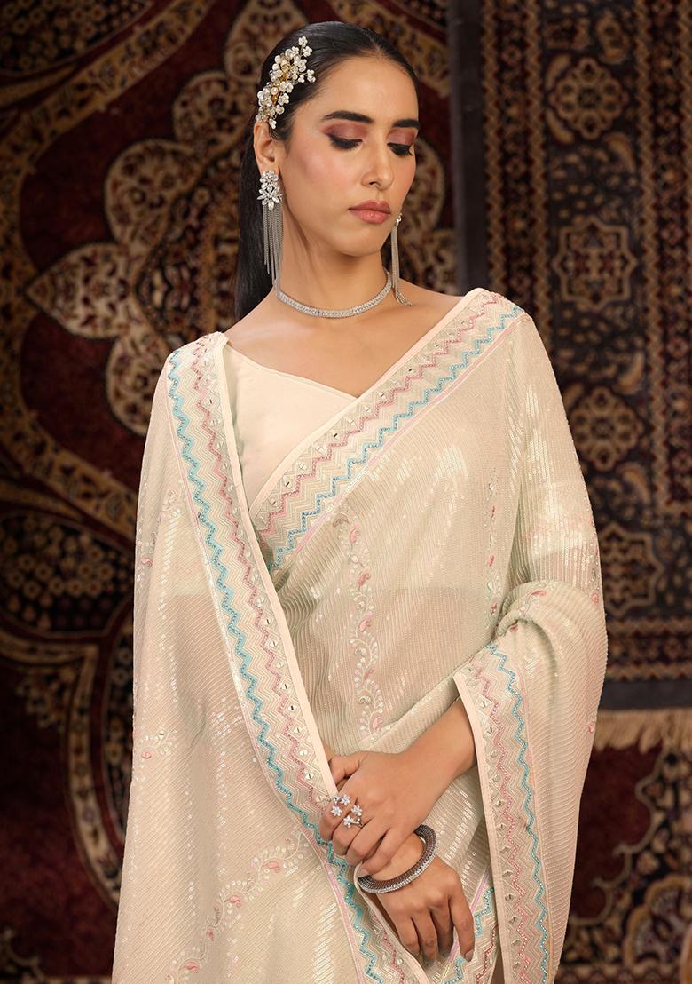 Off White Sequin Embroidered Georgette Sarees