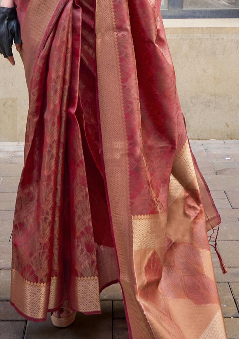 Maroon Printed Organza Sarees