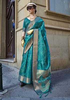 Sky Blue Printed Organza Sarees
