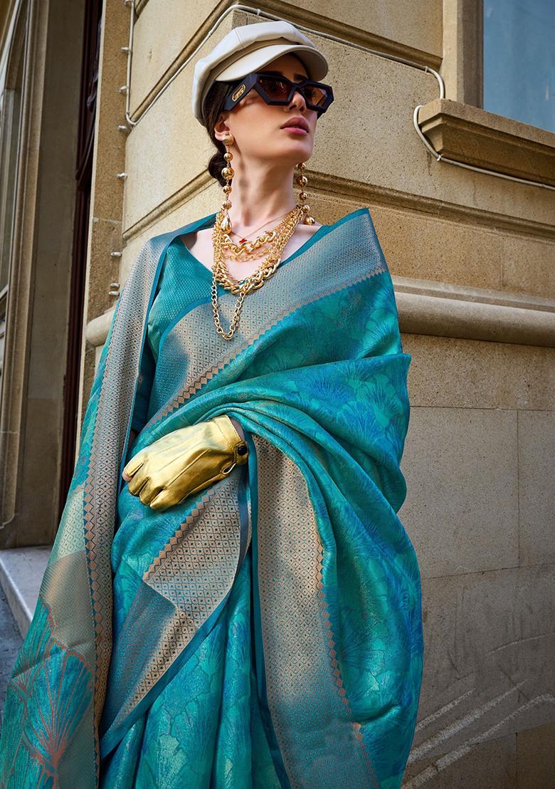 Sky Blue Printed Organza Sarees