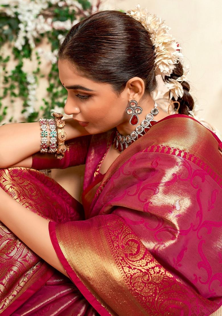 Pink Zari Weaving Silk Sarees