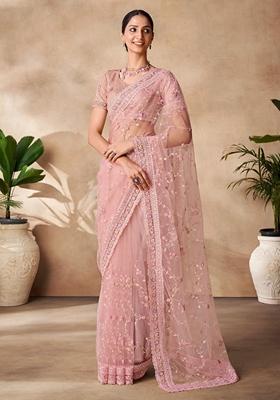 Peach Embroidered Net Sarees