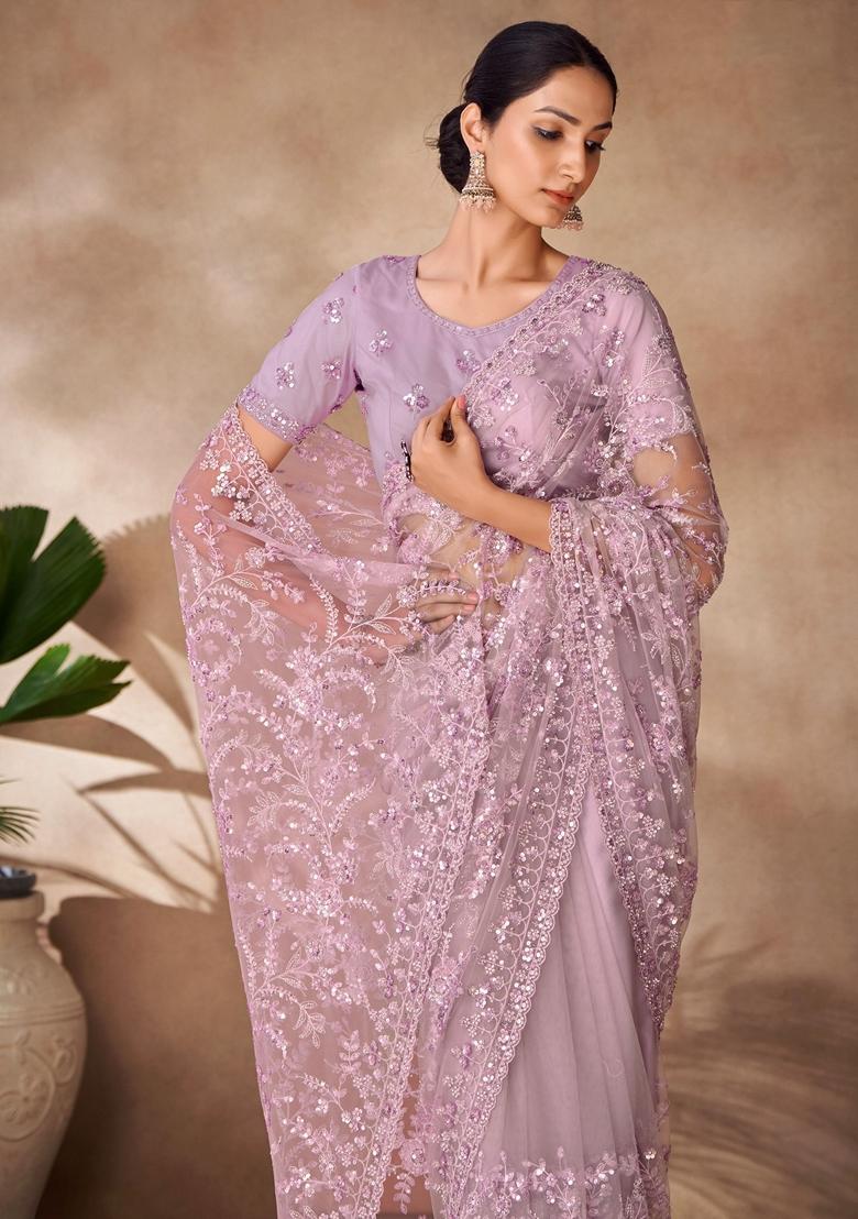 Lavender Sequin Embroidered Net Sarees