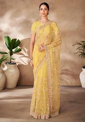 Yellow Sequin Embroidered Net Sarees