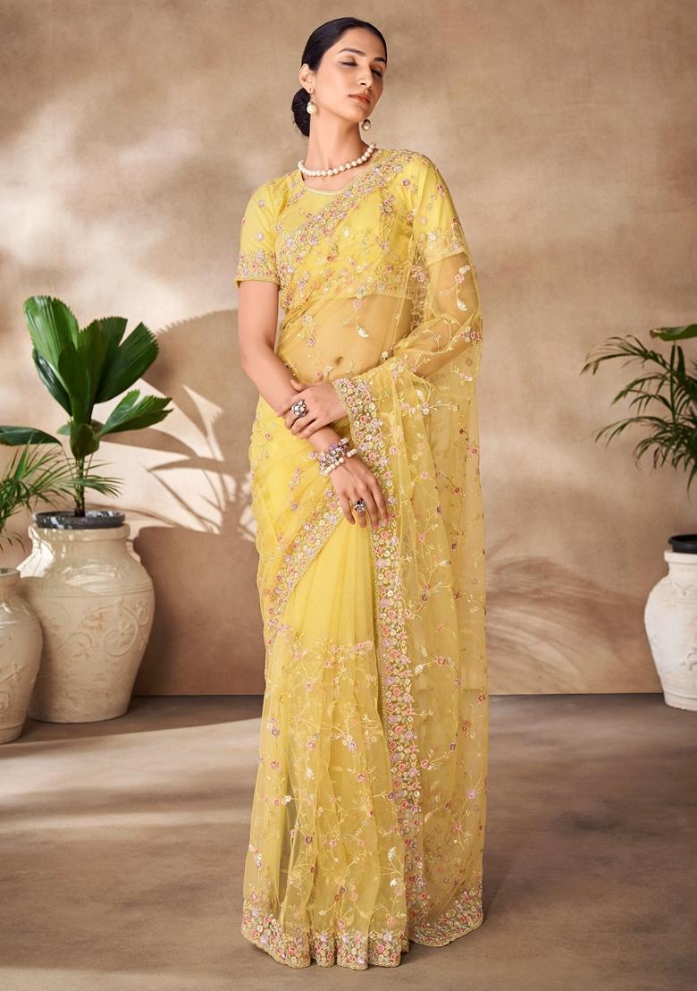 Yellow Sequin Embroidered Net Sarees