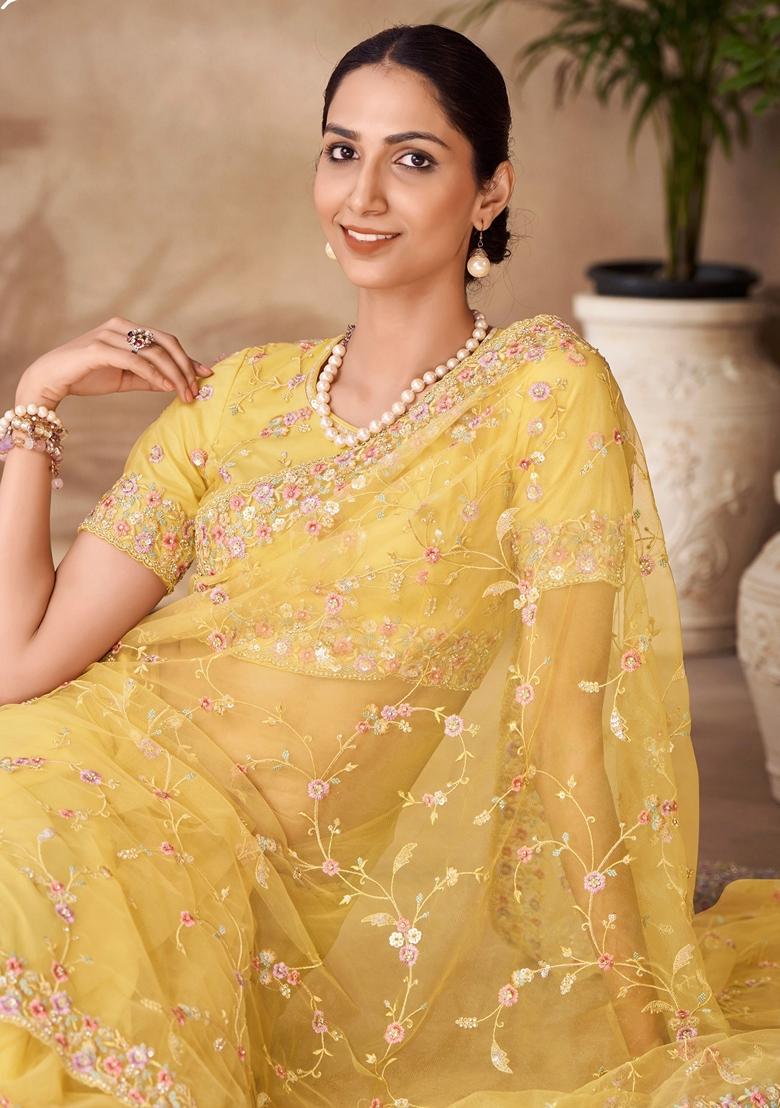 Yellow Sequin Embroidered Net Sarees