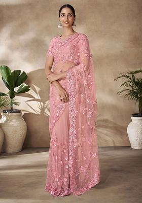 Peach Sequin Embroidered Net Sarees