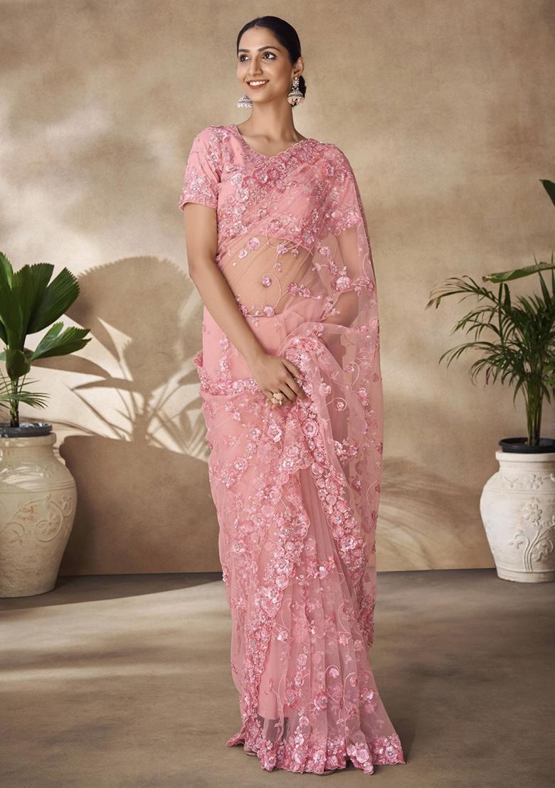 Peach Sequin Embroidered Net Sarees