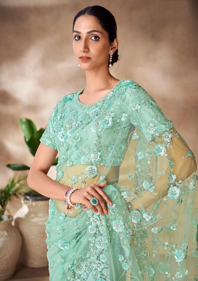Green Sequin Embroidered Net Sarees