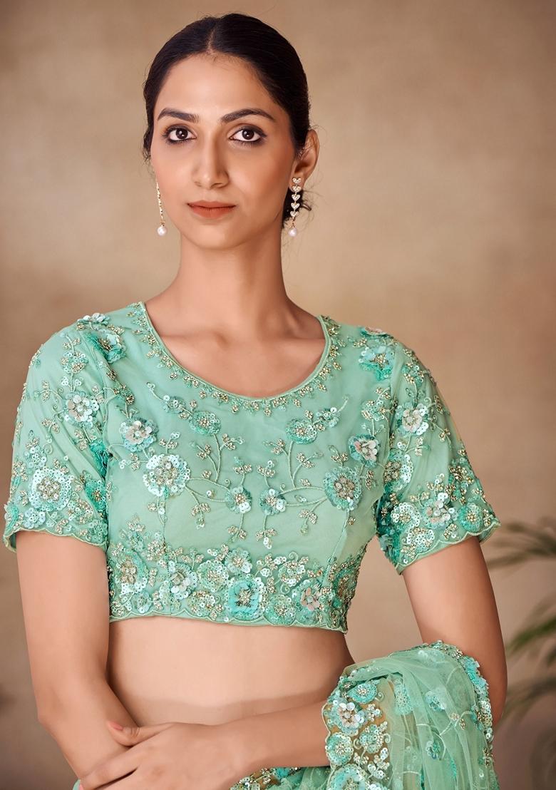 Green Sequin Embroidered Net Sarees