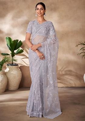 Grey Sequin Embroidered Net Sarees