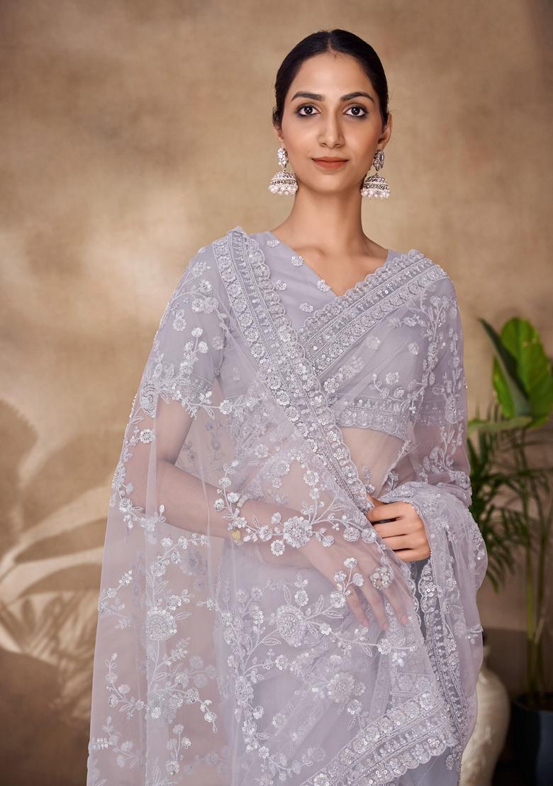 Grey Sequin Embroidered Net Sarees