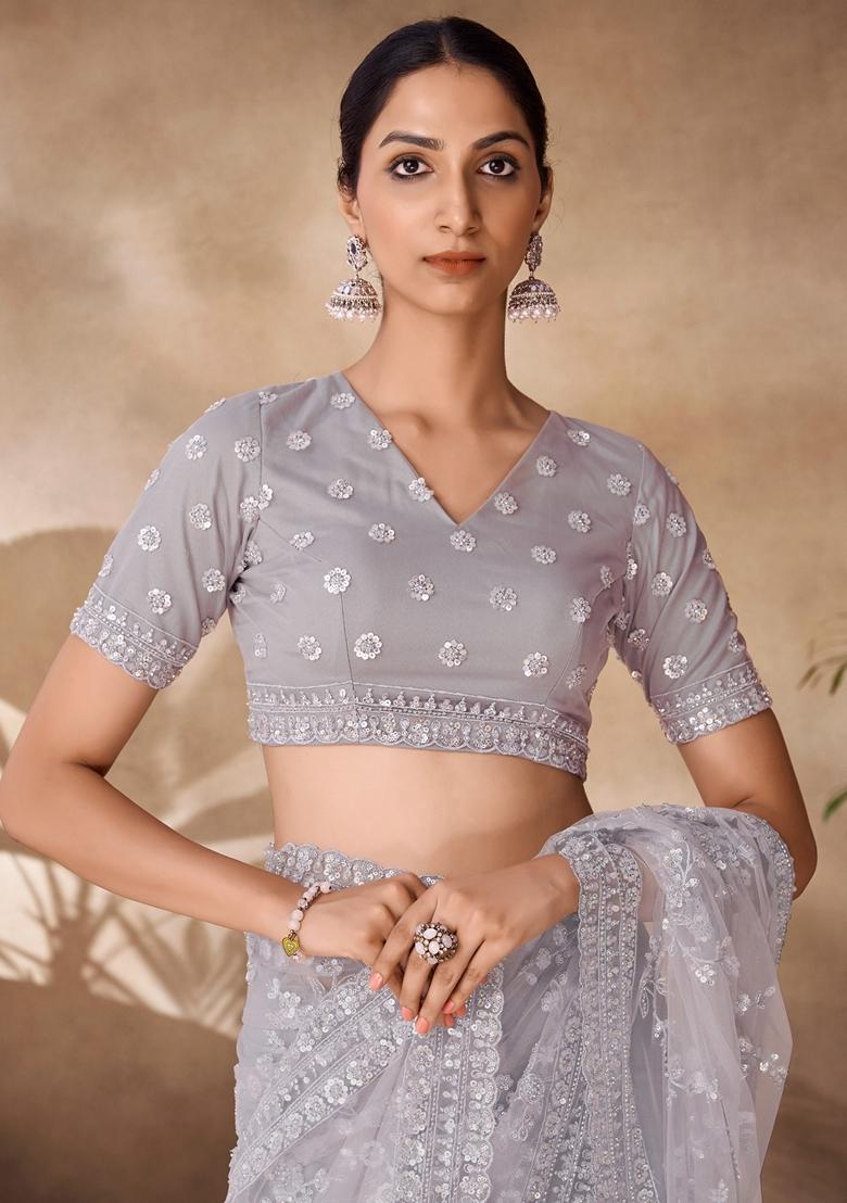Grey Sequin Embroidered Net Sarees