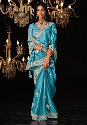 Sky Blue Embroidered Tissue Silk Sarees