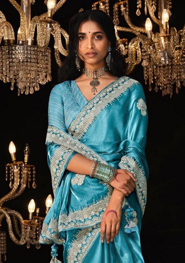 Sky Blue Embroidered Tissue Silk Sarees