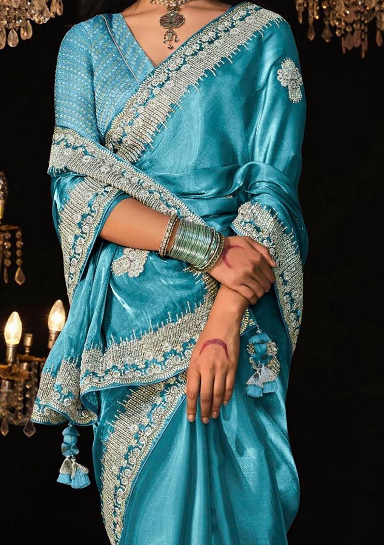 Sky Blue Embroidered Tissue Silk Sarees