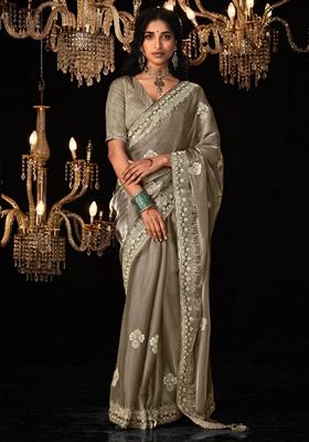 Brown Embroidered Tissue Silk Sarees