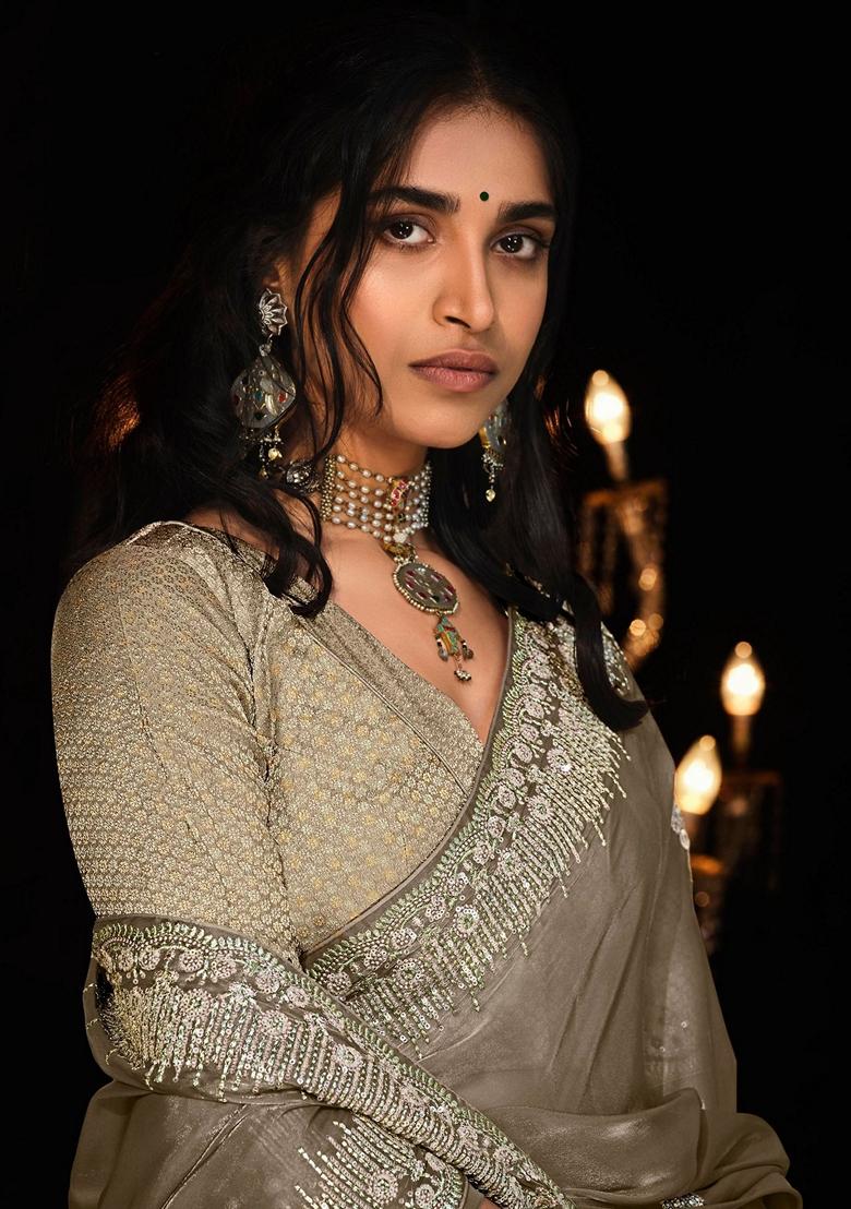 Brown Embroidered Tissue Silk Sarees