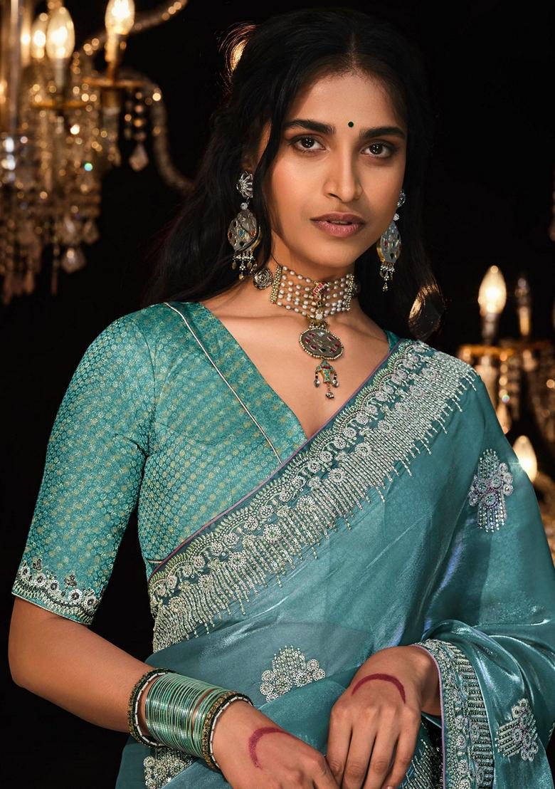 Blue Embroidered Tissue Silk Sarees