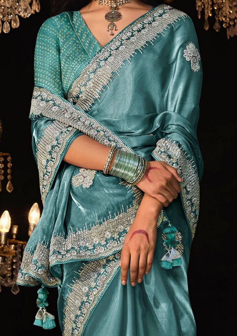 Blue Embroidered Tissue Silk Sarees