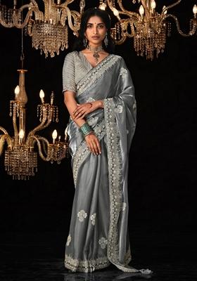 Grey Embroidered Tissue Silk Sarees