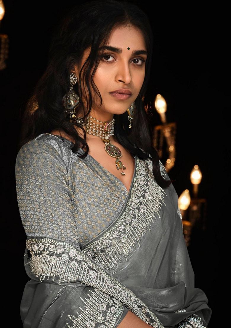 Grey Embroidered Tissue Silk Sarees