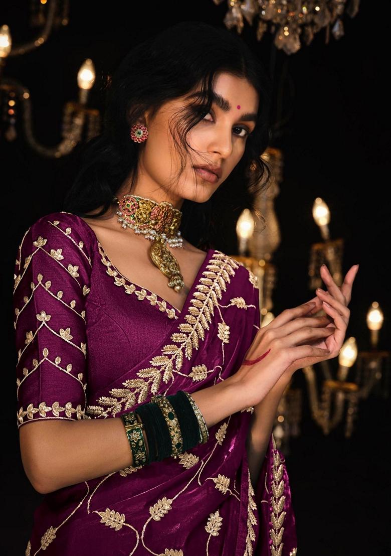 Wine Embroidered Tissue Silk Sarees