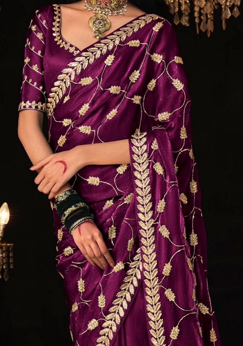 Wine Embroidered Tissue Silk Sarees