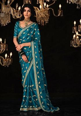 Sky Blue Embroidered Tissue Silk Sarees