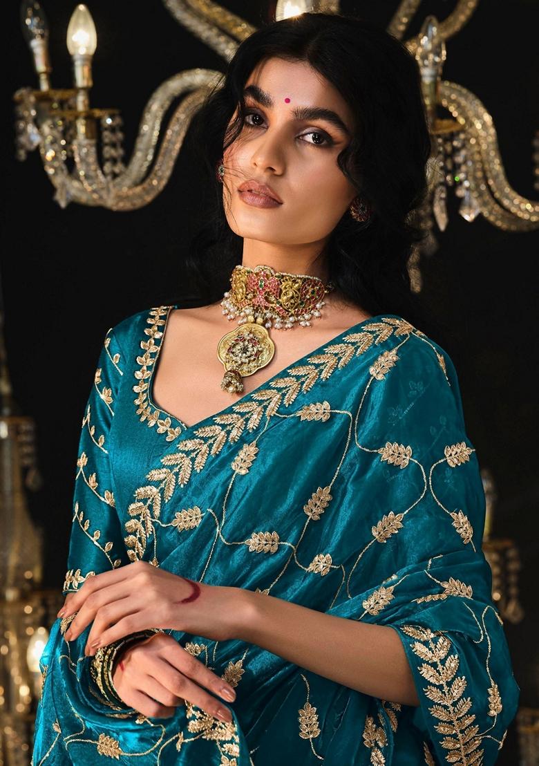 Sky Blue Embroidered Tissue Silk Sarees