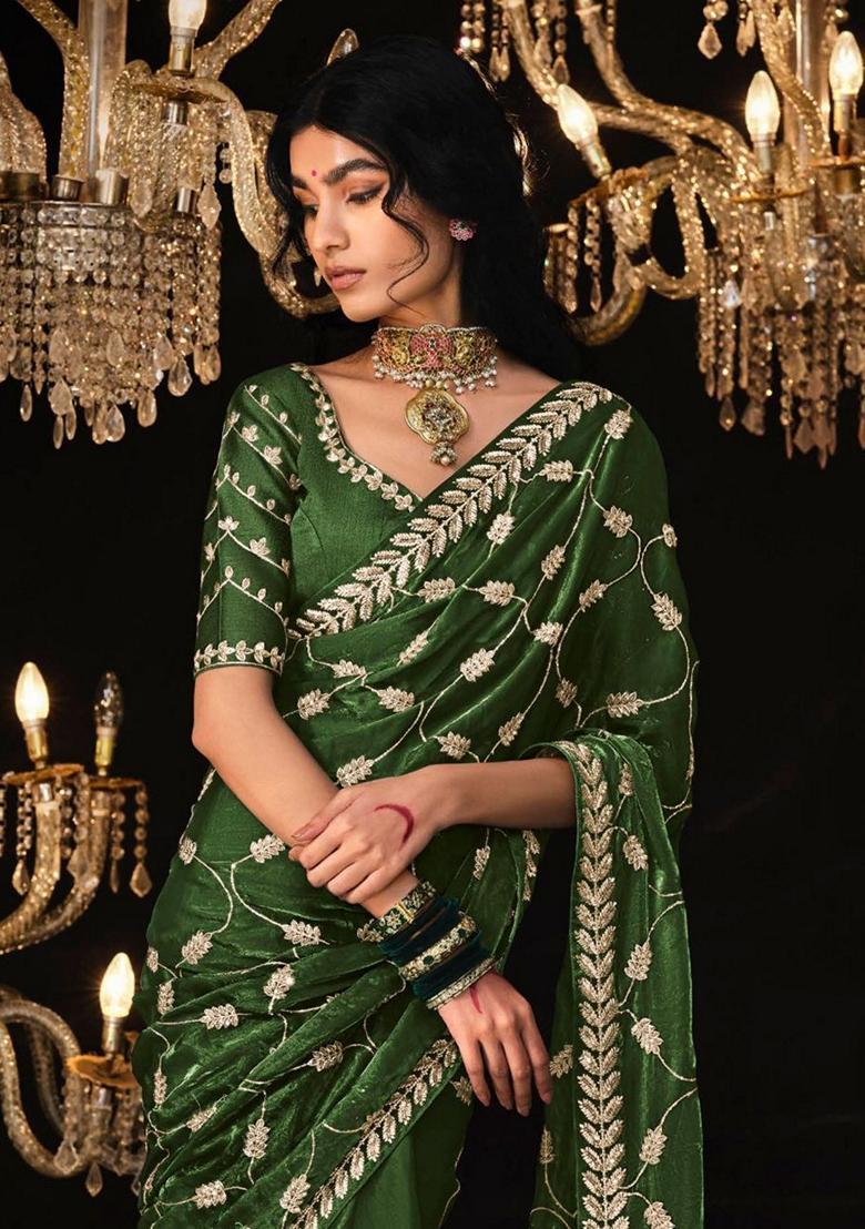 Green Embroidered Tissue Silk Sarees