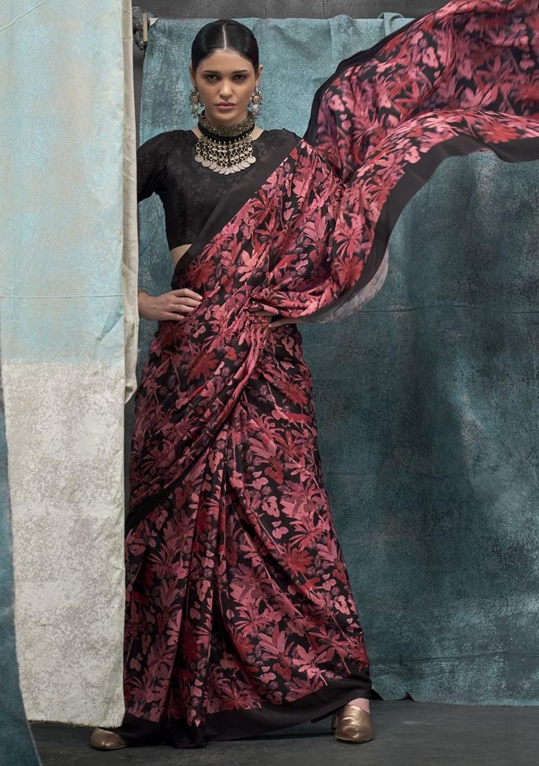 Black Digital Print Crepe Sarees