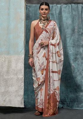 White Digital Print Crepe Sarees