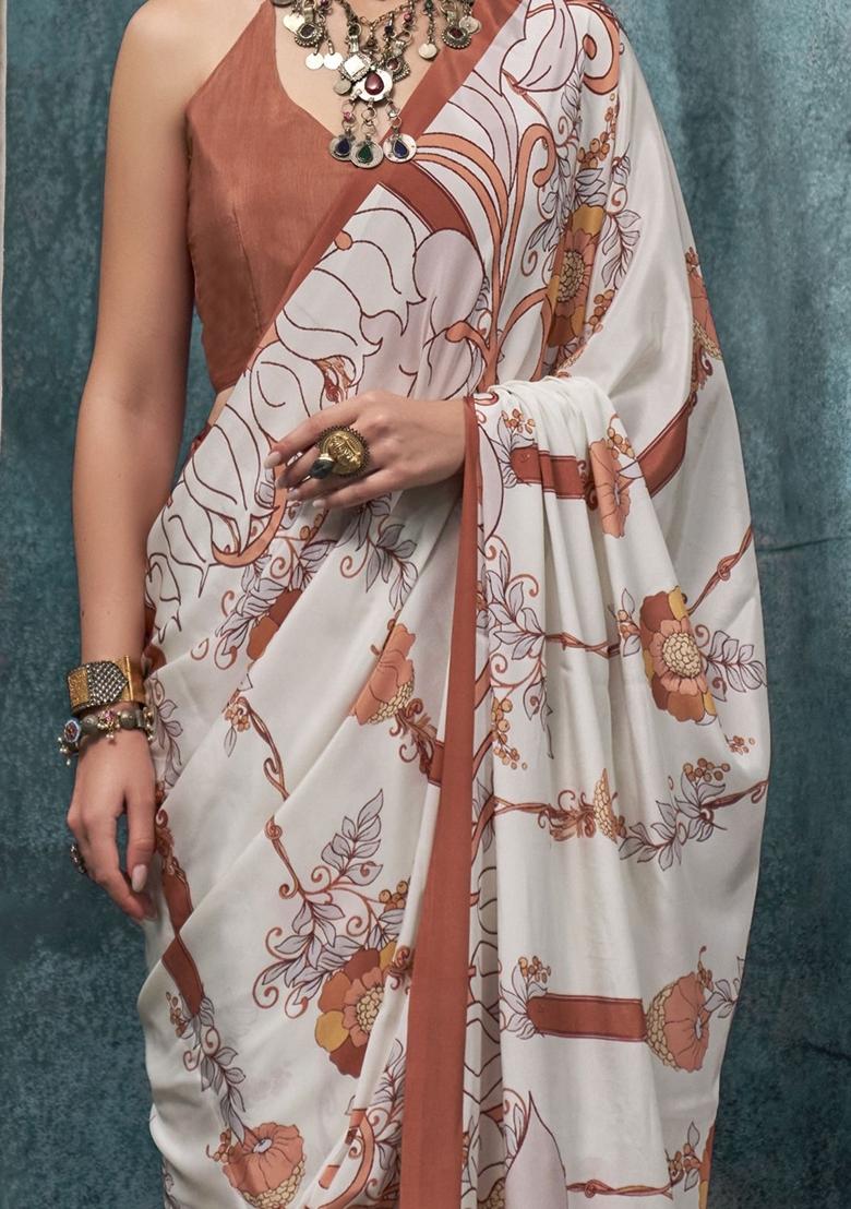 White Digital Print Crepe Sarees