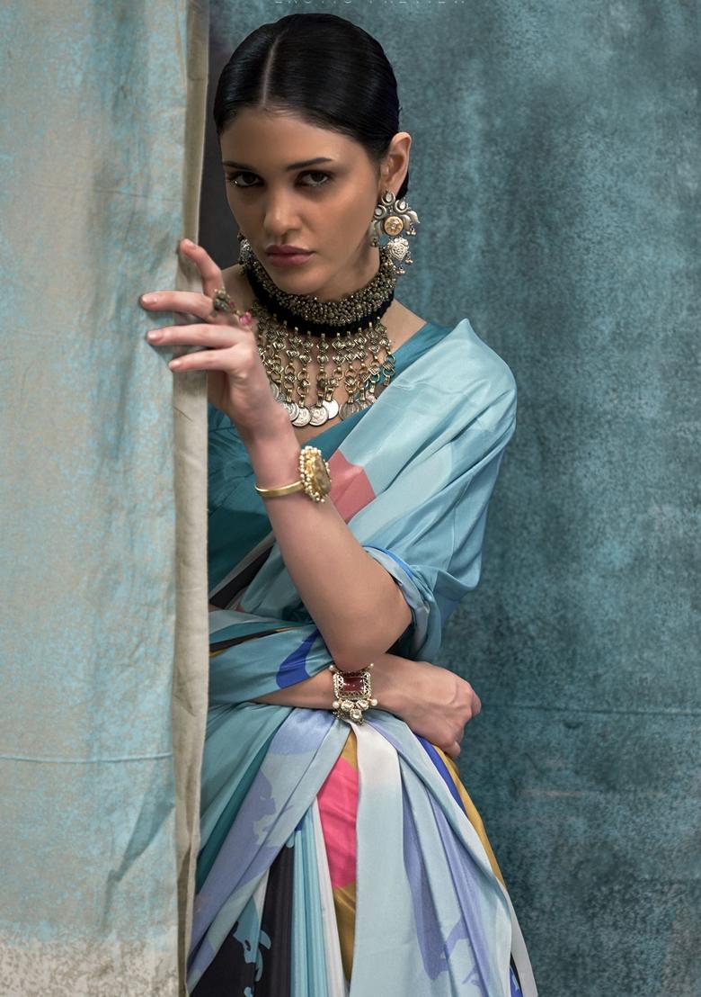 Multicolour Digital Print Crepe Sarees