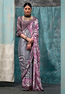 Grey Digital Print Crepe Sarees