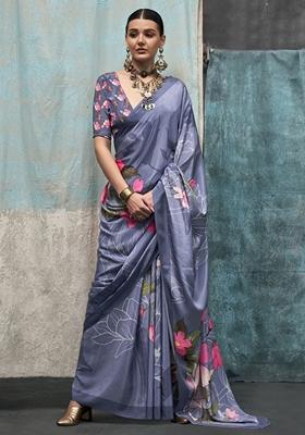 Blue Floral Print Crepe Sarees