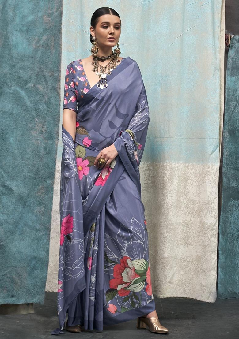 Blue Floral Print Crepe Sarees