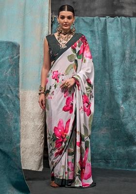 White Floral Print Crepe Sarees