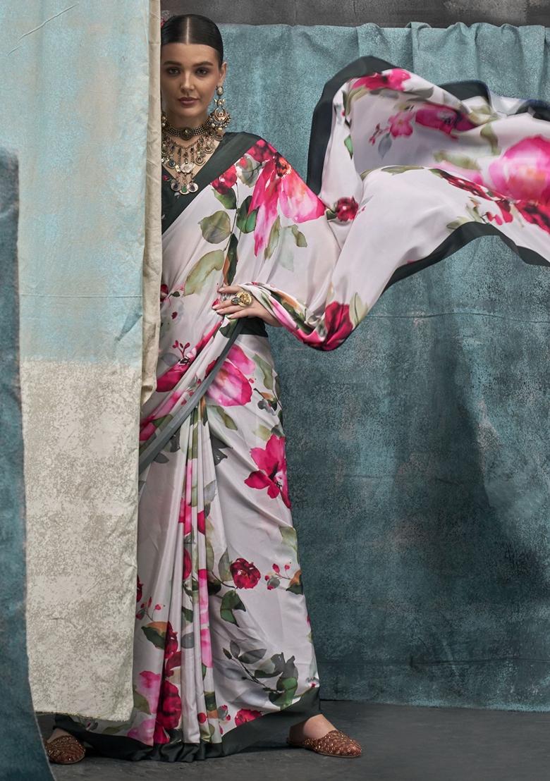White Floral Print Crepe Sarees