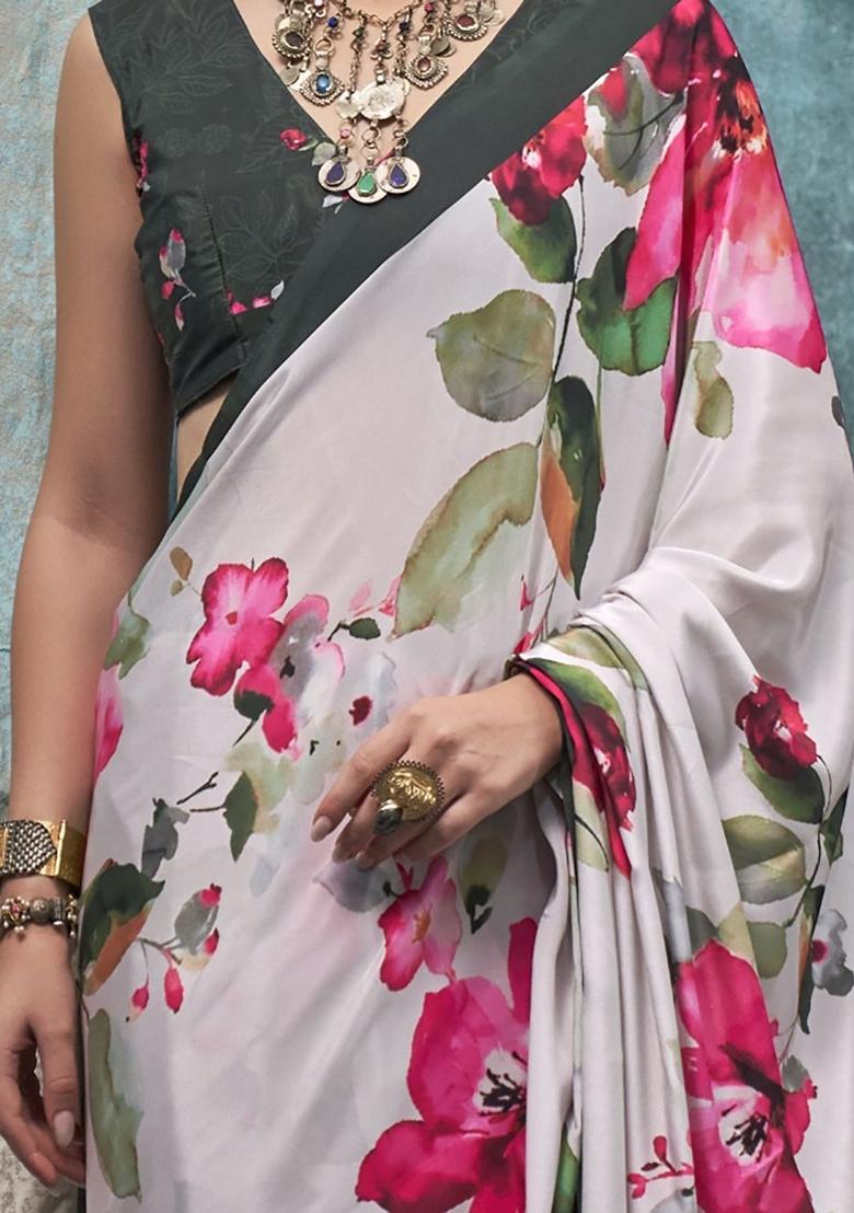 White Floral Print Crepe Sarees