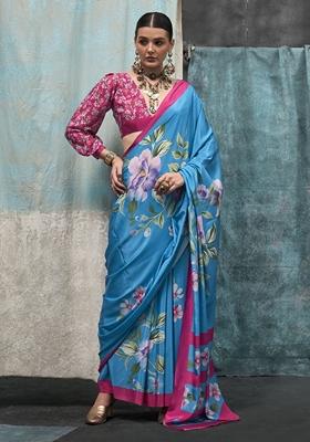 Sky Blue Floral Print Crepe Sarees
