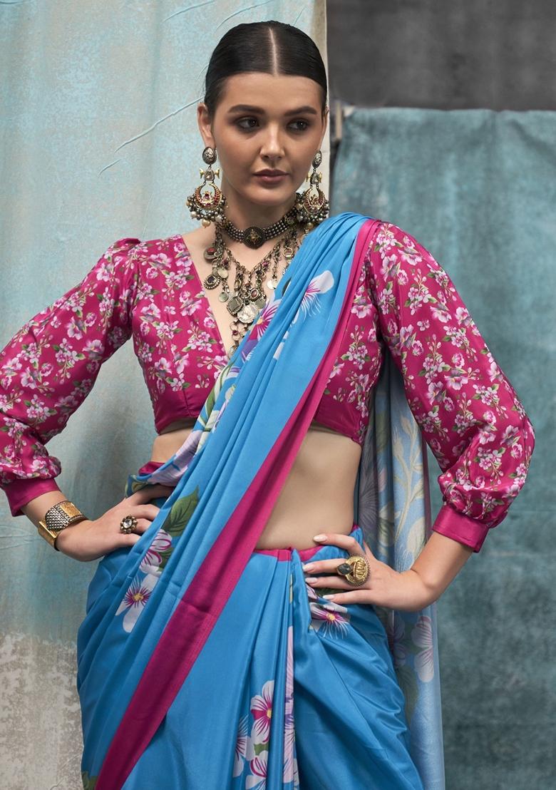 Sky Blue Floral Print Crepe Sarees