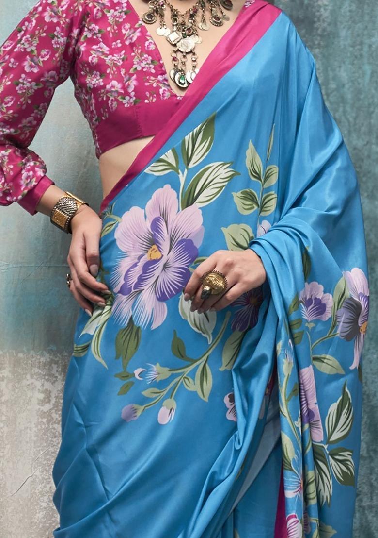 Sky Blue Floral Print Crepe Sarees