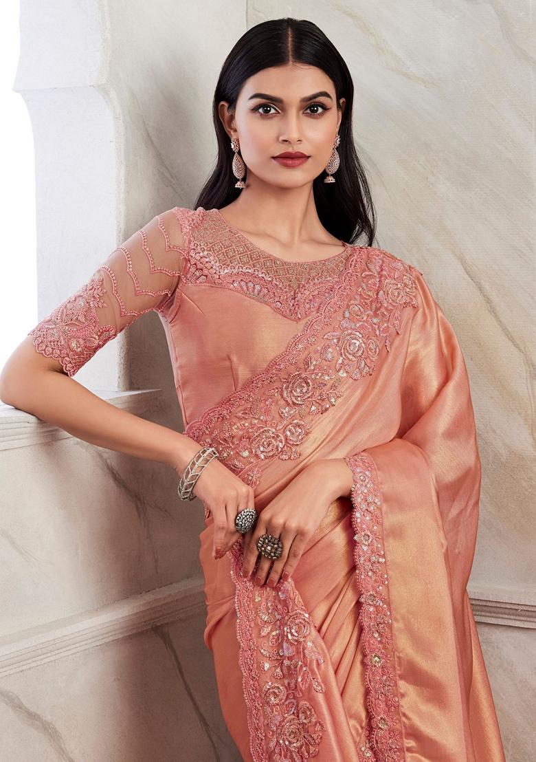 Peach Embroidered Silk Sarees
