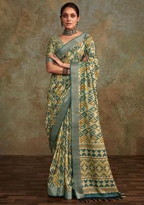Cream Digital Print Silk Sarees