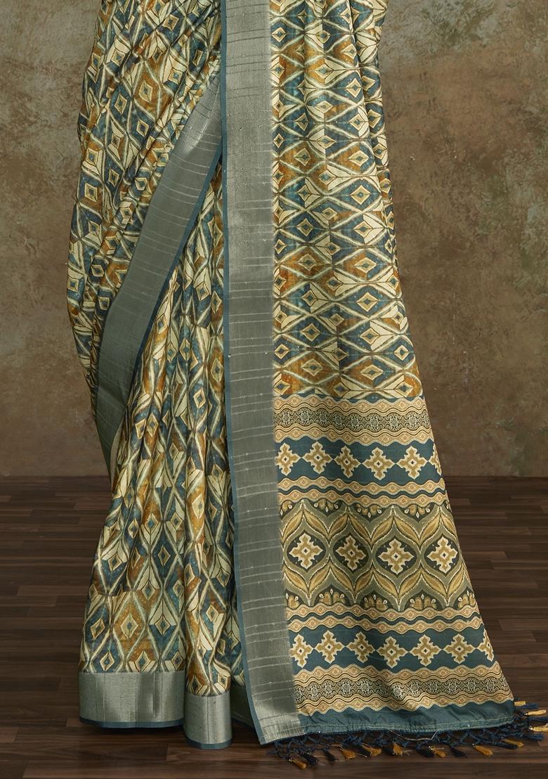 Cream Digital Print Silk Sarees